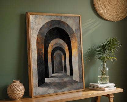 Ancient Corridor Stone Archway Luxury Canvas Wall Art — Transitional family room highlighting gothic tunnel print with aged masonry and mysterious vanishing point