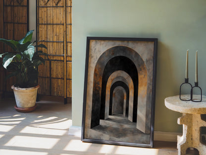 Ancient Corridor Stone Archway Luxury Canvas Wall Art — Bohemian studio apartment featuring vintage passageway art with historic stonework and shadowy recesses
