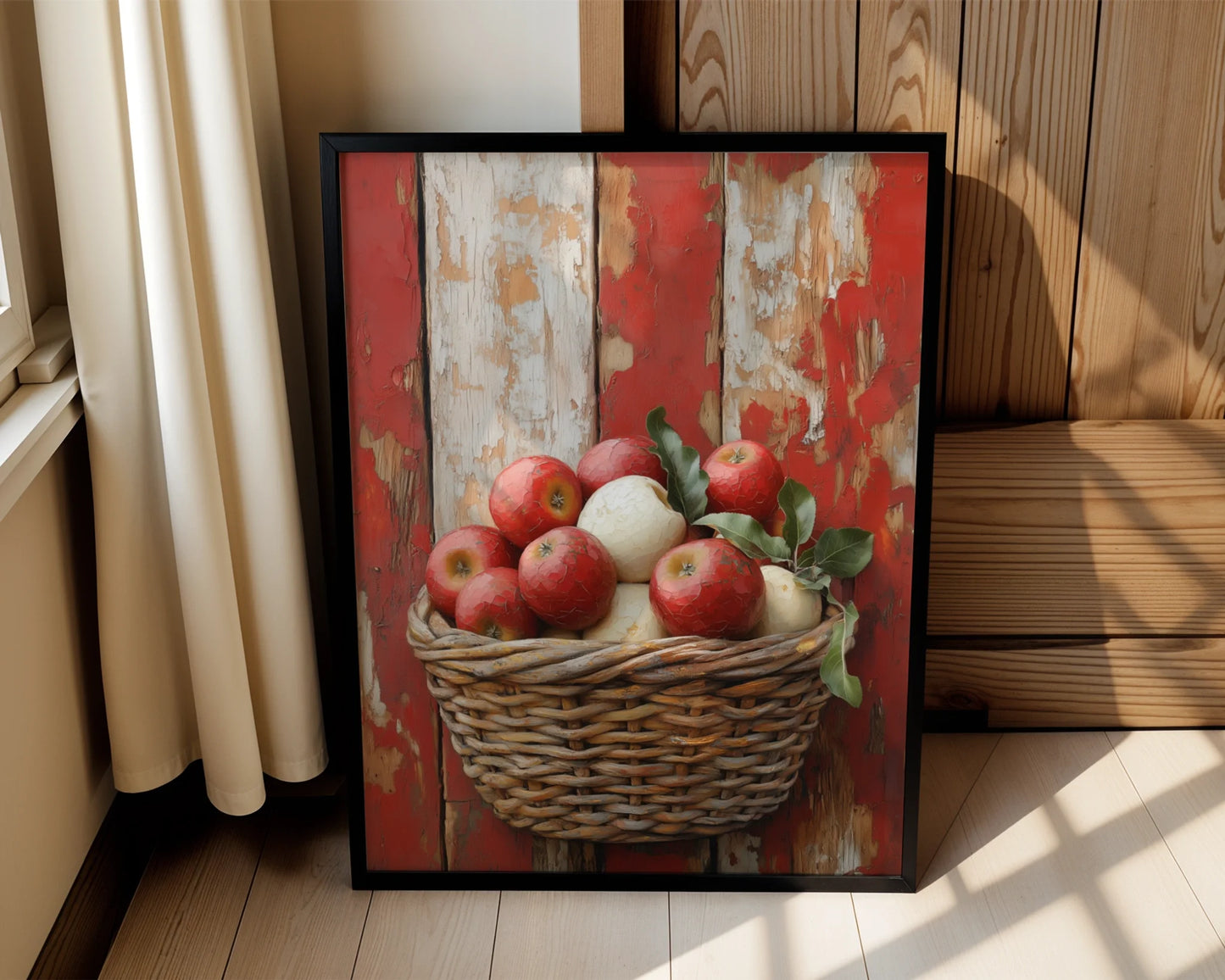Rustic Apple Harvest Barn Wood Farmhouse Canvas Wall Art — Country-inspired canvas showcasing orchard fruit in woven basket for authentic farmhouse decor