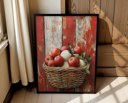 Rustic Apple Harvest Barn Wood Farmhouse Canvas Wall Art — Country-inspired canvas showcasing orchard fruit in woven basket for authentic farmhouse decor