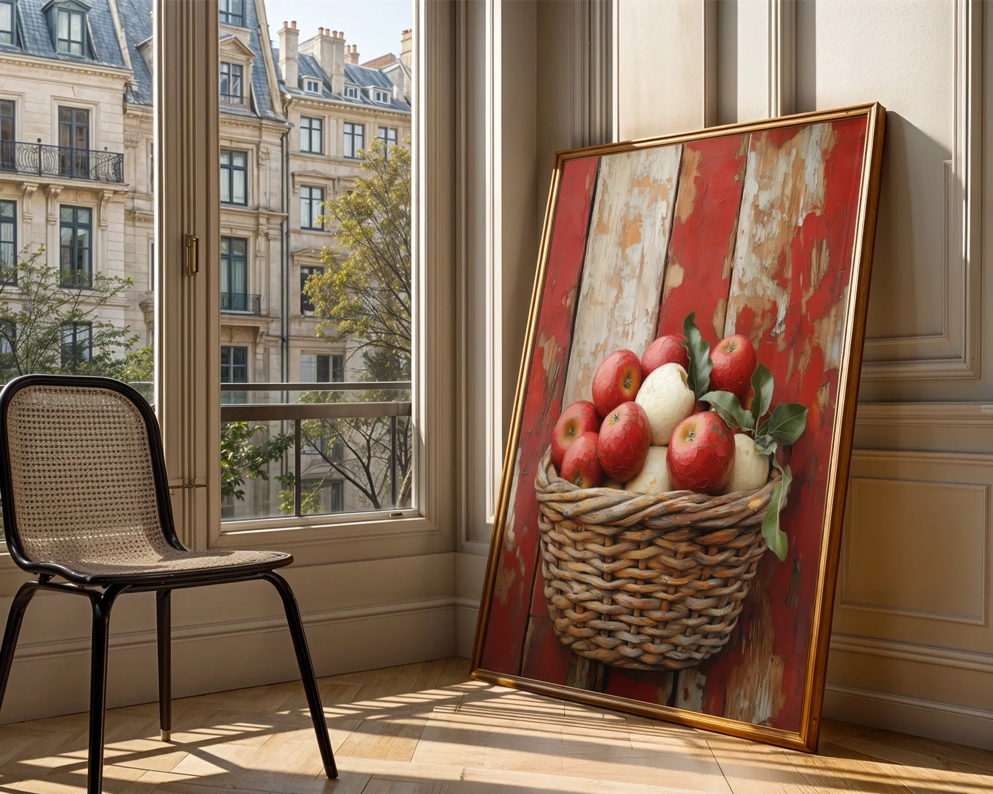 Rustic Apple Harvest Barn Wood Farmhouse Canvas Wall Art — Provincial canvas print displaying seasonal fruit collection for traditional home styling