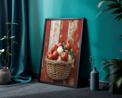 Rustic Apple Harvest Barn Wood Farmhouse Canvas Wall Art — Antique-inspired kitchen artwork showing orchard bounty in handwoven container