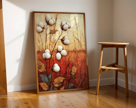 Cotton Field Art Rustic Farmhouse Textured Canvas Wall Art — Industrial chic meets agricultural charm in this weathered botanical canvas showcasing nature's harvest