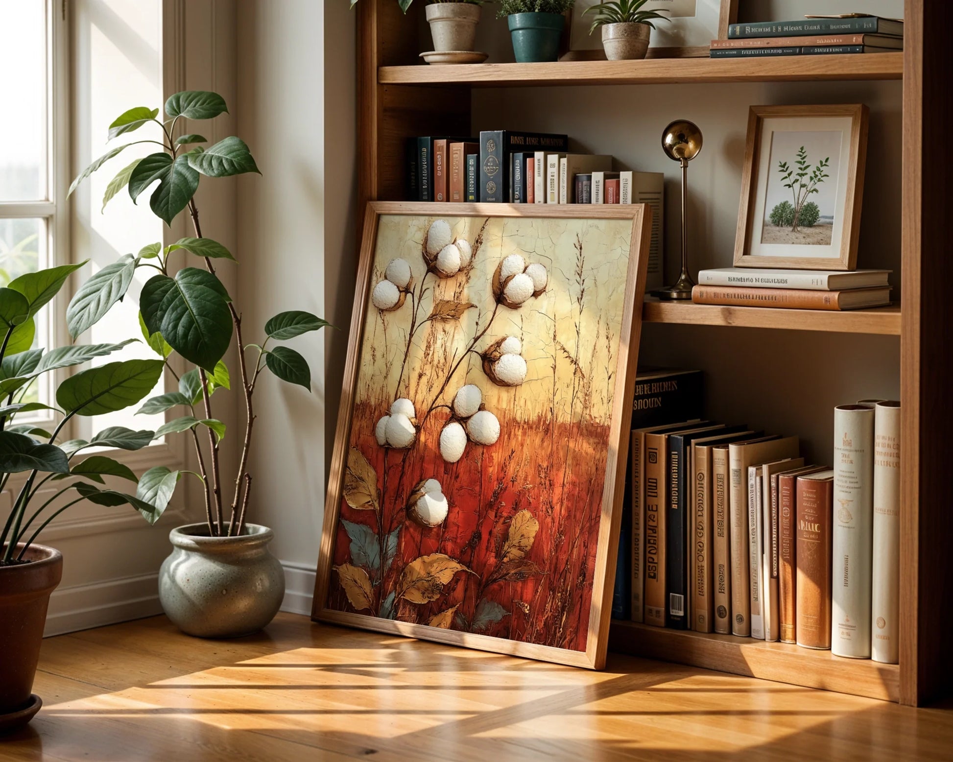 Cotton Field Art Rustic Farmhouse Textured Canvas Wall Art — Distressed country charm displayed through aged stems and fluffy white blooms for traditional interiors