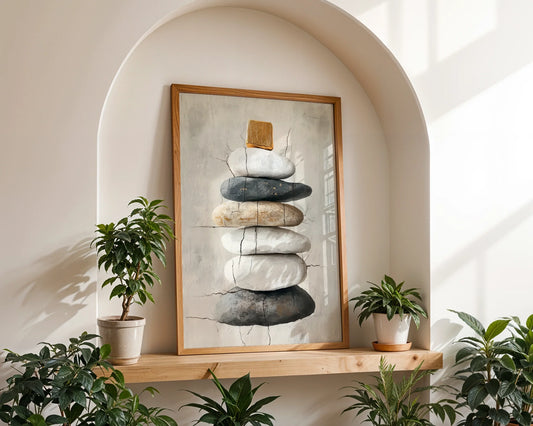Stone Stack Cairn Seven Stones Cracked Plaster Canvas Wall Art — Minimalist canvas featuring ascending rocks against aged plaster for contemporary home decor