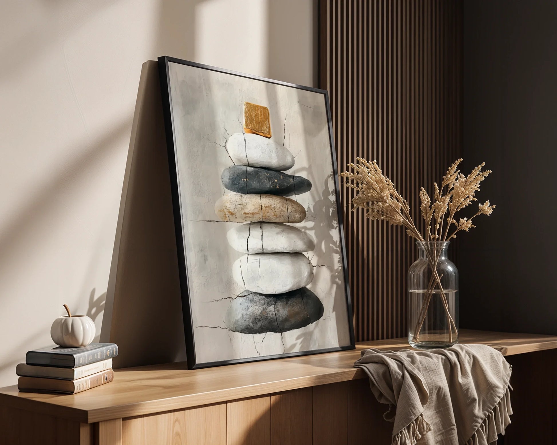 Stone Stack Cairn Seven Stones Cracked Plaster Canvas Wall Art — Serene artwork showcasing layered pebbles on distressed surface for tranquil interior design