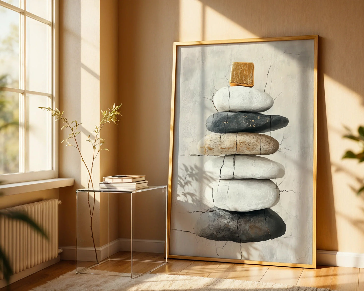 Stone Stack Cairn Seven Stones Cracked Plaster Canvas Wall Art — Organic wall art displaying natural elements with weathered texture for mindful living spaces