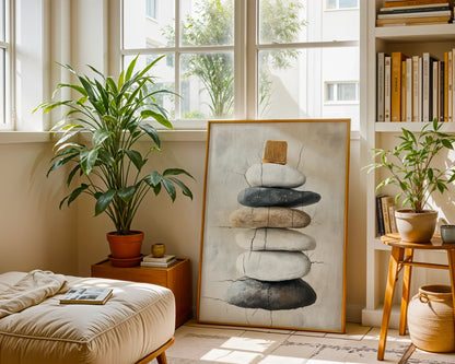 Stone Stack Cairn Seven Stones Cracked Plaster Canvas Wall Art — Clean-lined canvas print showing stacked stones emerging from vintage plaster for modern homes