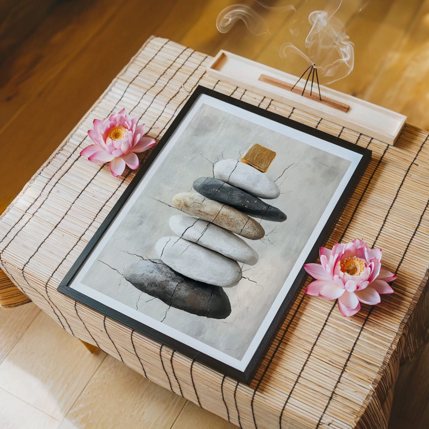 Stone Stack Cairn Seven Stones Cracked Plaster Canvas Wall Art — Warm beige canvas with slate gray accents creating textural depth for neutral home styling