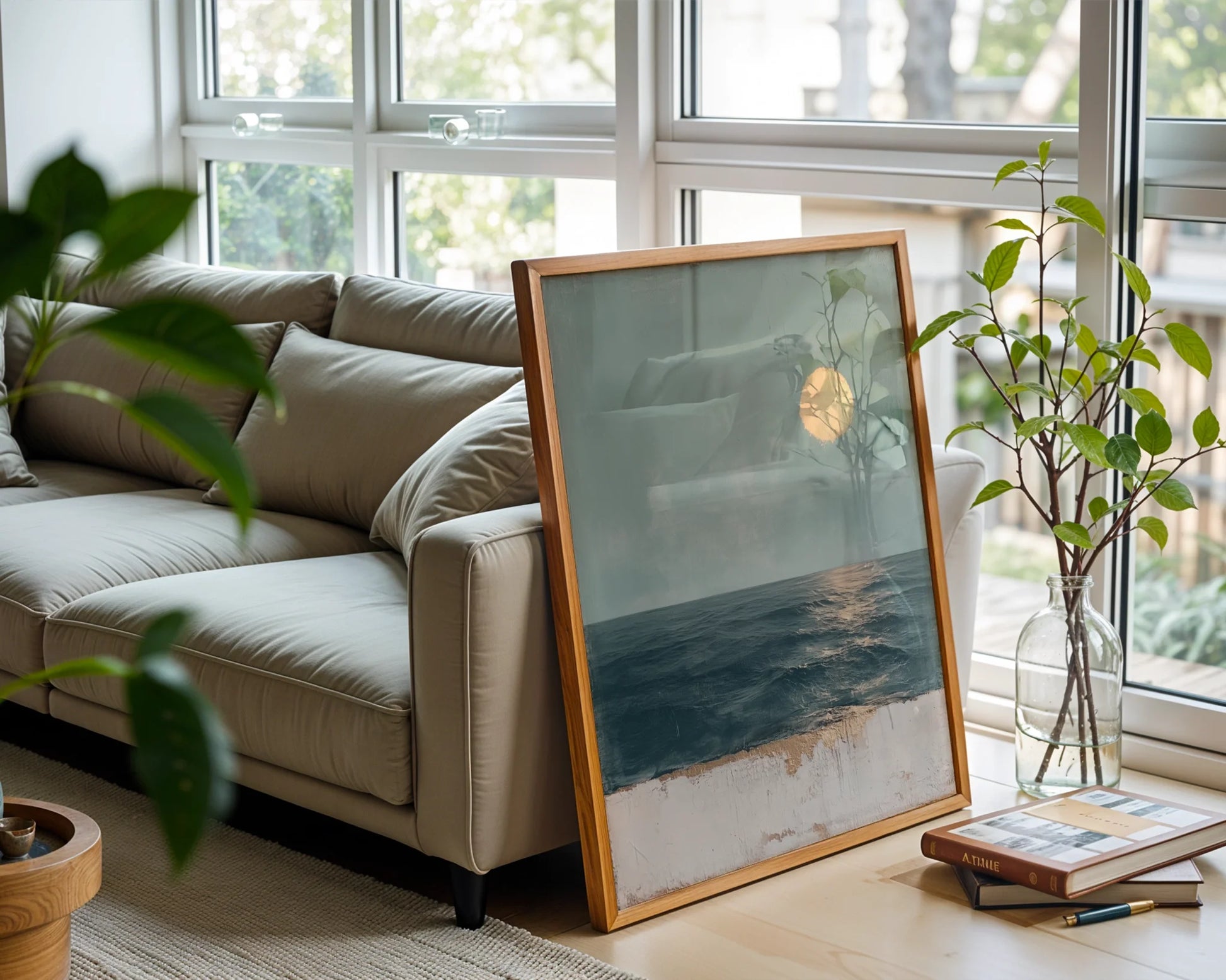 Ocean Painting Sage Green Textured Coastal in room
