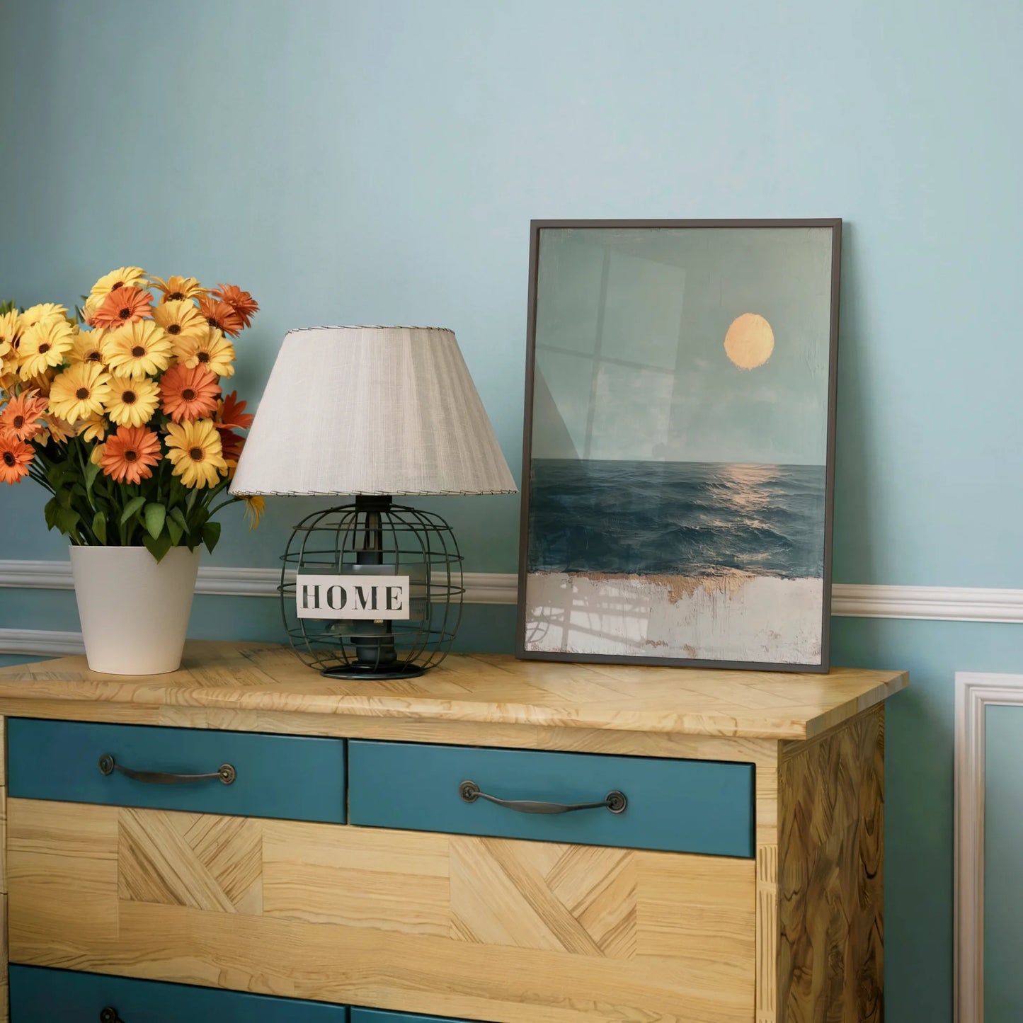 Ocean Painting Sage Green Textured Coastal Canvas Wall Art — Clean-lined space showcases layered ocean canvas with thick paint application and serene palette