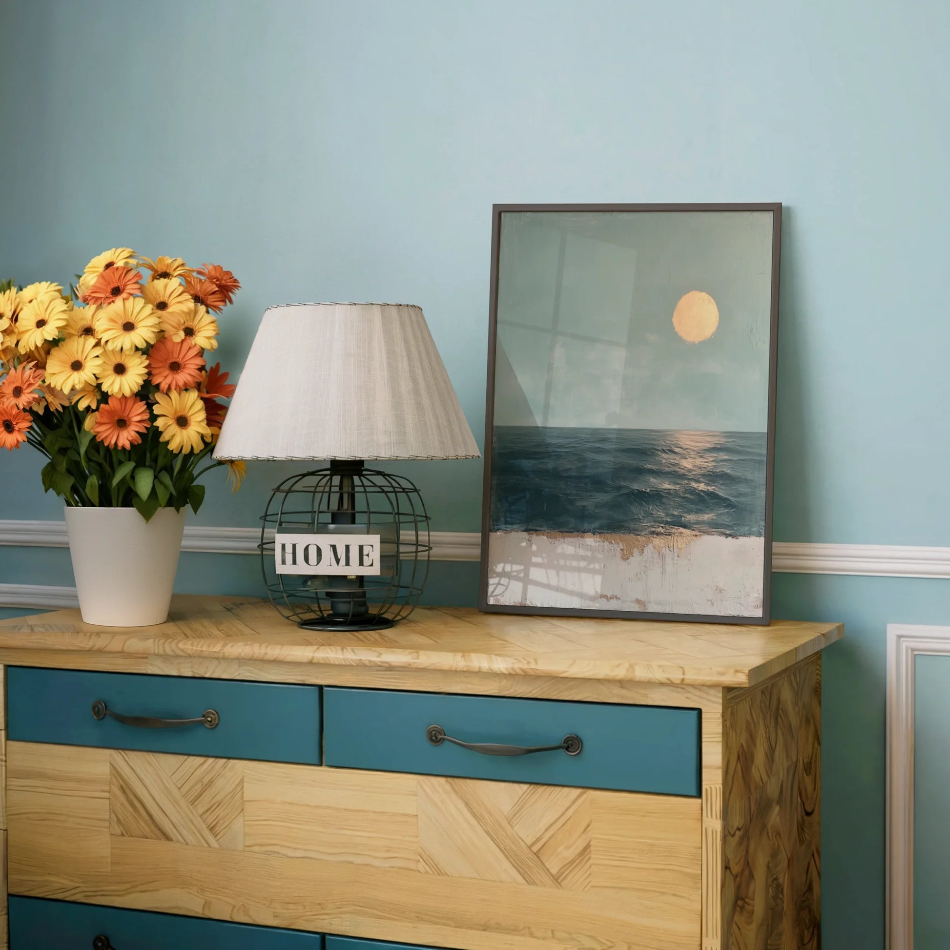 Ocean Painting Sage Green Textured Coastal in room