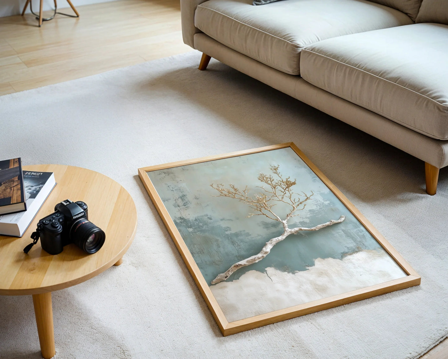Coral Branch Art Bleached Textured Plaster Canvas Wall Art — Maritime canvas displaying fossilized sea branch emerging from rough stone surface for seaside home styling