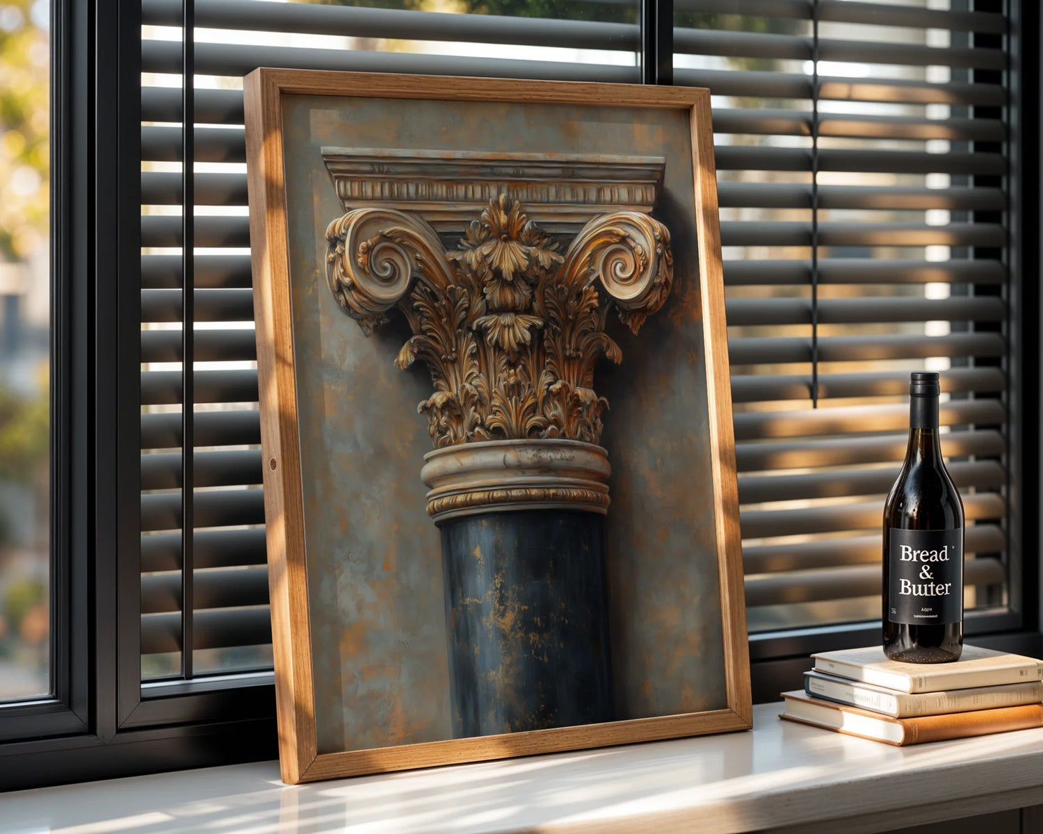 Antique Architectural Column Art Bronze Patina Canvas Wall Art — Greek Revival canvas showcasing ornate stonework details for timeless interior design aesthetics