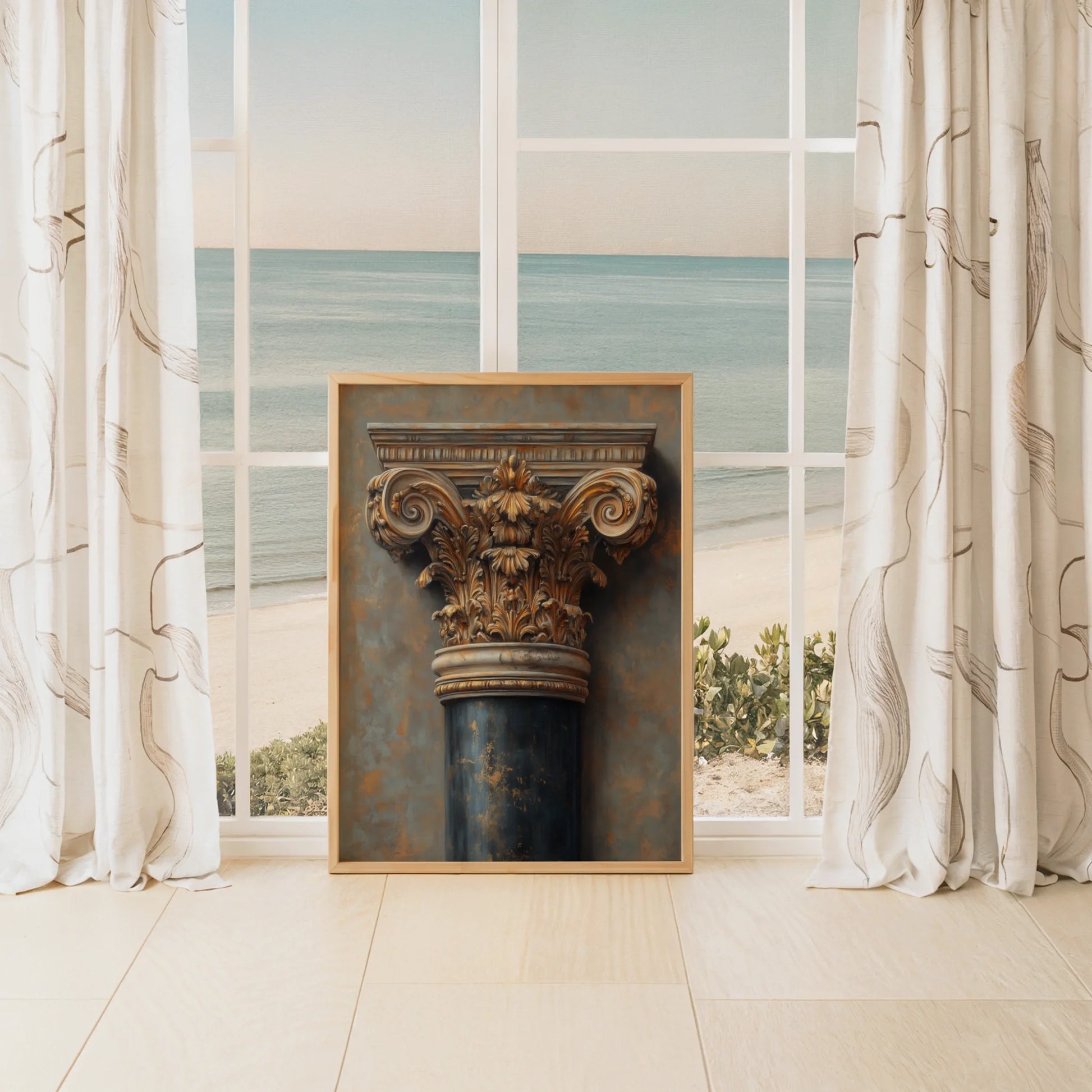 Antique Architectural Column Art Bronze Patina Canvas Wall Art — Historic stonework canvas print featuring ornate craftsmanship for sophisticated interior styling