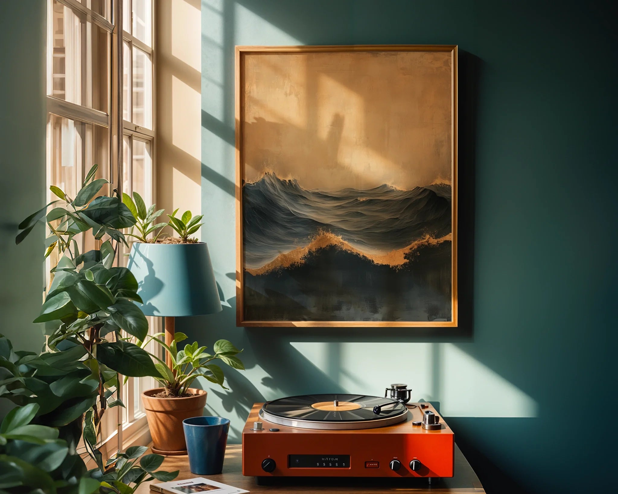 Turbulent Ocean Art Gold Mist Canvas Wall Art Luxury Decor — Minimalist seascape artwork featuring flowing water movement in rich earth tones for contemporary homes
