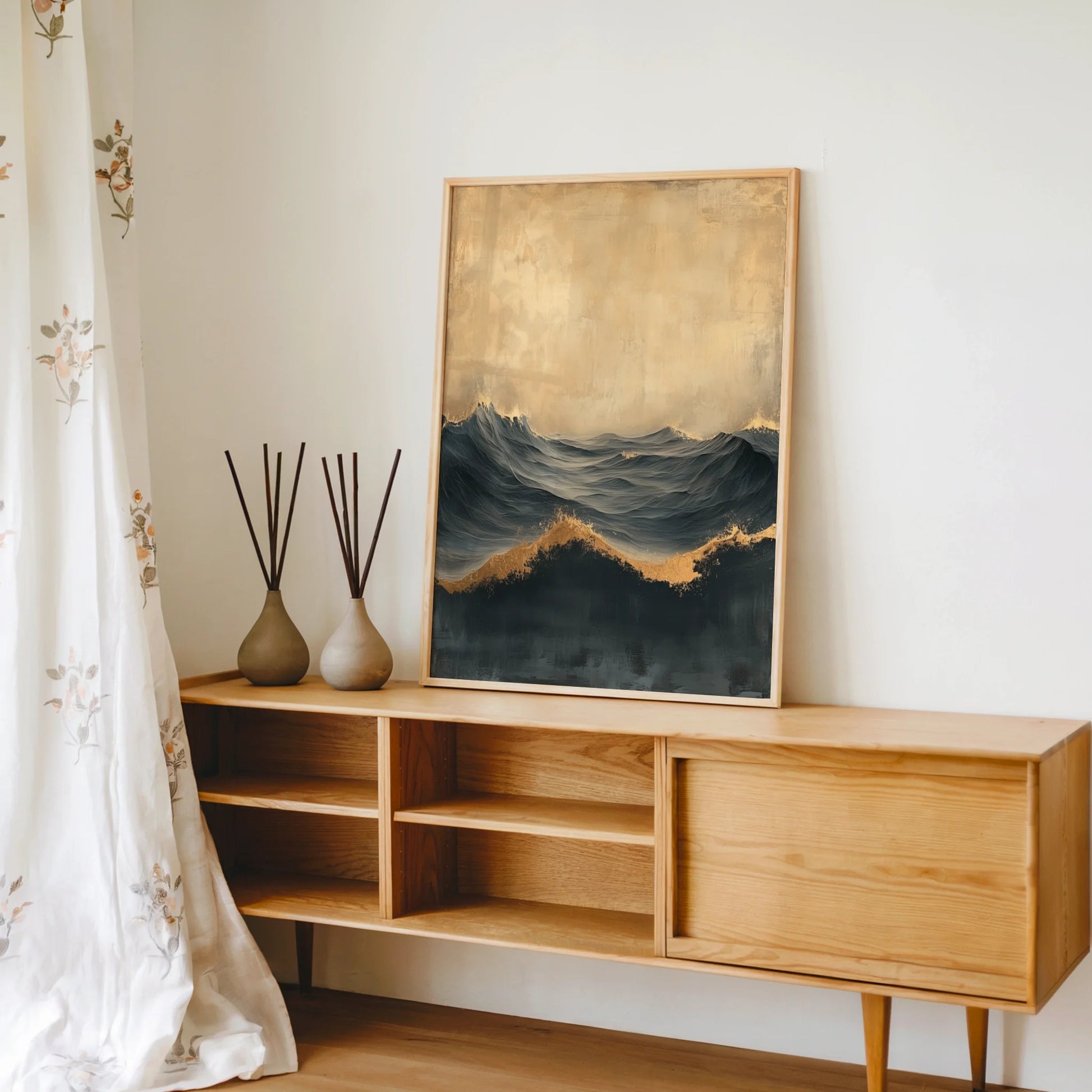 Turbulent Ocean Art Gold Mist Luxury Decor in room