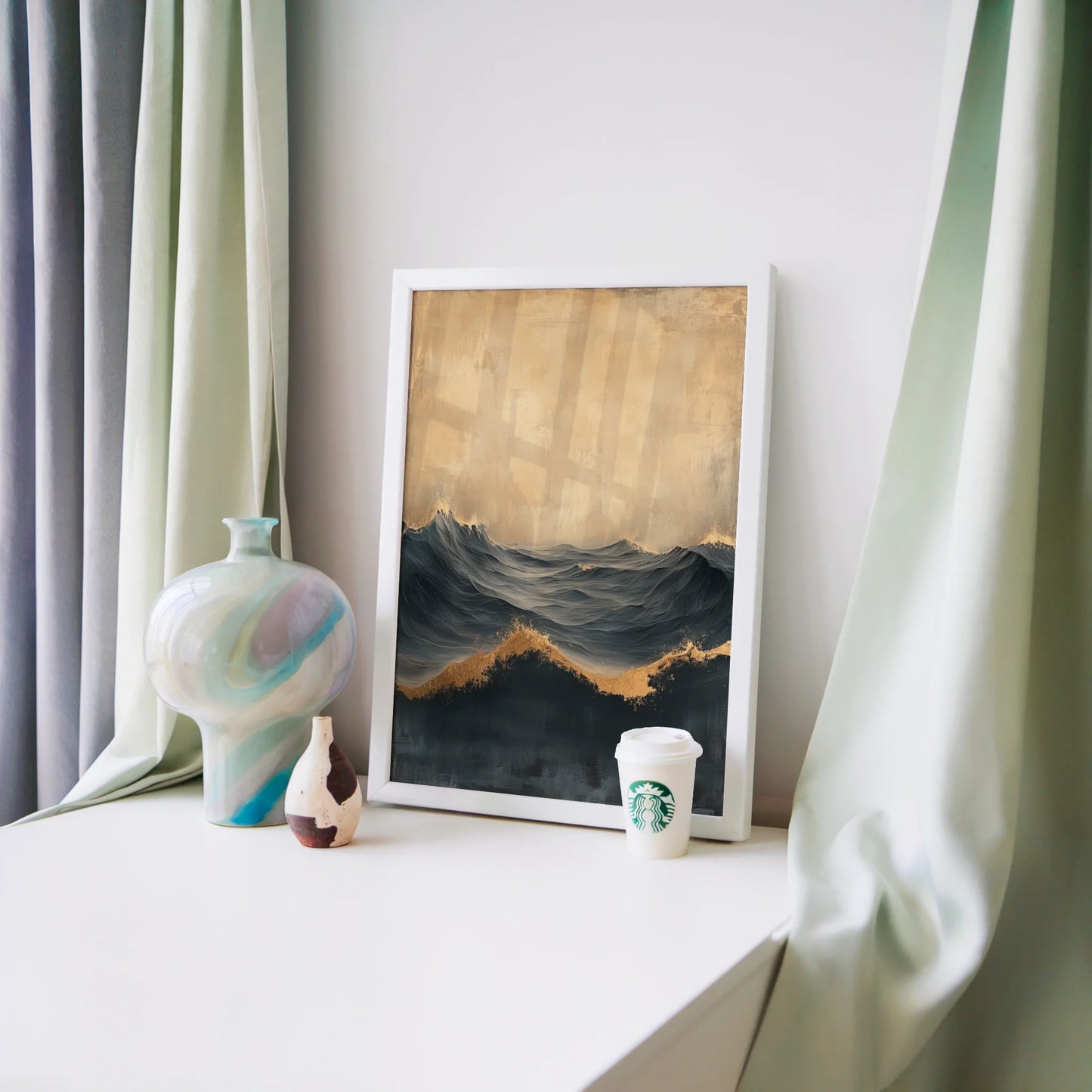 Turbulent Ocean Art Gold Mist Canvas Wall Art Luxury Decor — Canvas featuring warm caramel hues blending into deep slate tones with organic texture appeal