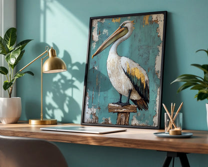 Coastal Bird Canvas Weathered Pelican on Dock Post Wall Art — Seaside-inspired canvas showcasing weathered waterfowl on pier piling for contemporary home styling