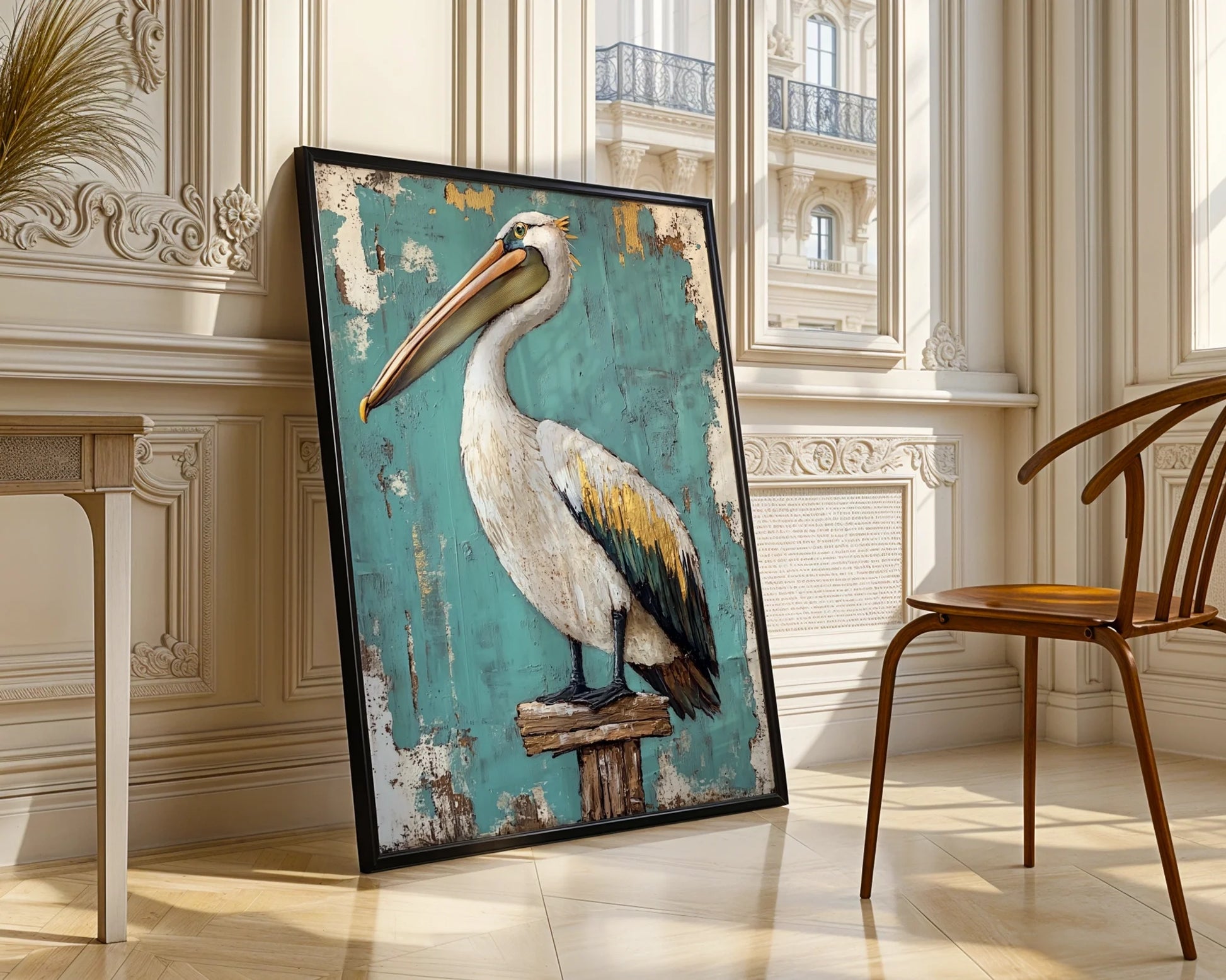 Coastal Bird Canvas Weathered Pelican on Dock Post Wall Art — Ocean-themed artwork featuring storm-tested seabird perched on wharf timber for vintage decor schemes