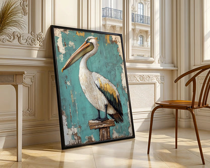 Coastal Bird Canvas Weathered Pelican on Dock Post Wall Art — Ocean-themed artwork featuring storm-tested seabird perched on wharf timber for vintage decor schemes