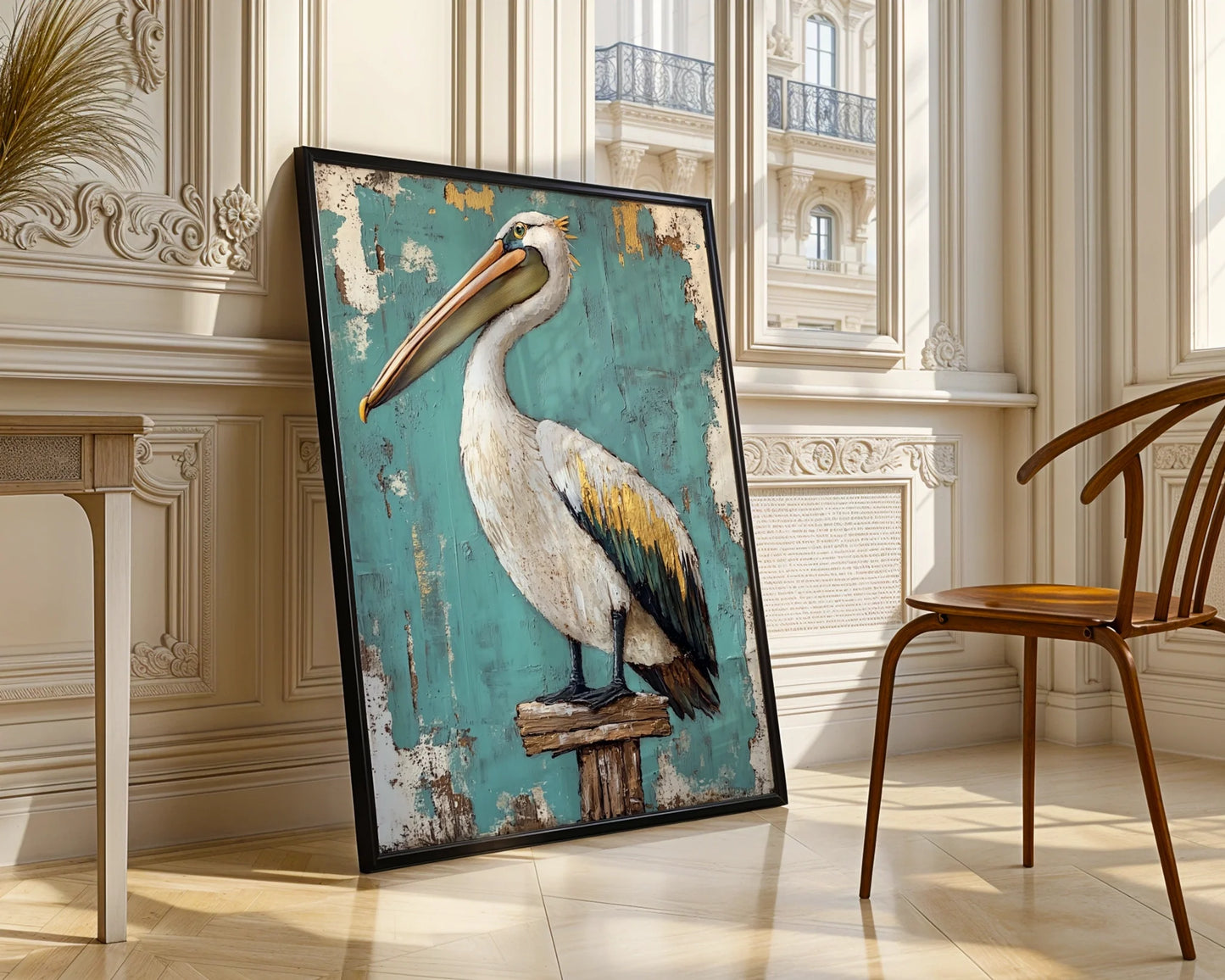 Coastal Bird Weathered Pelican on Dock Post in room
