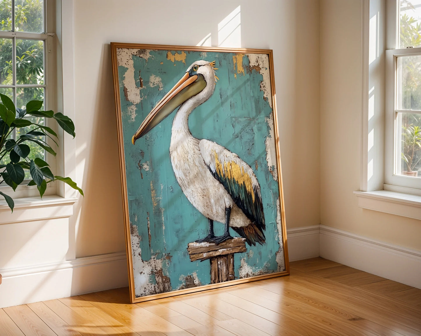 Coastal Bird Weathered Pelican on Dock Post in room
