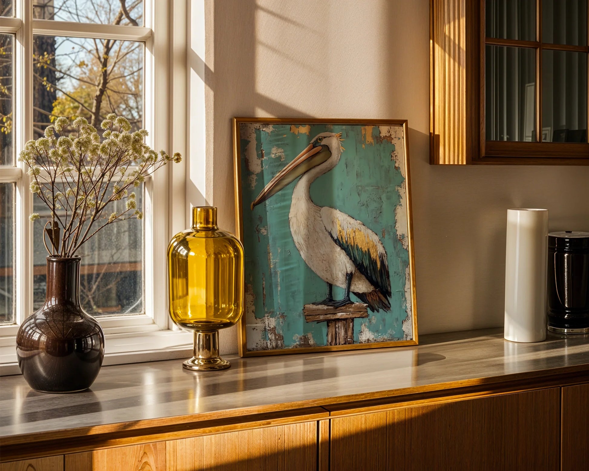 Coastal Bird Weathered Pelican on Dock Post in room