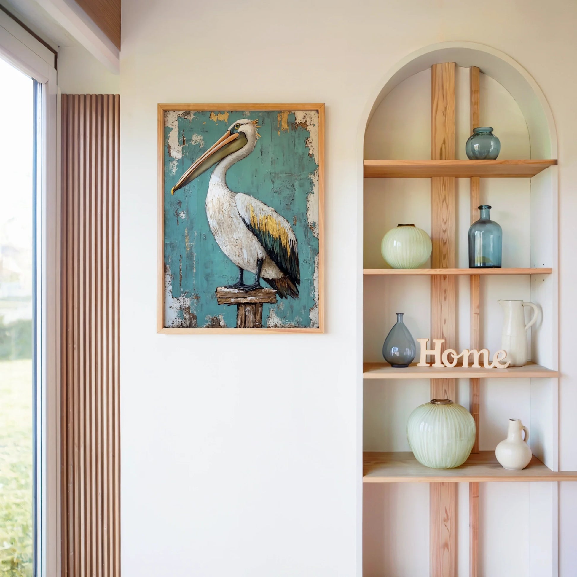 Coastal Bird Canvas Weathered Pelican on Dock Post Wall Art — Worn seabird canvas perched on salt-aged wood post for timeless cottage-style interiors