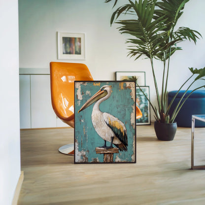 Coastal Bird Canvas Weathered Pelican on Dock Post Wall Art — Aqua-toned canvas with cream highlights showing textured feathers catching golden light rays