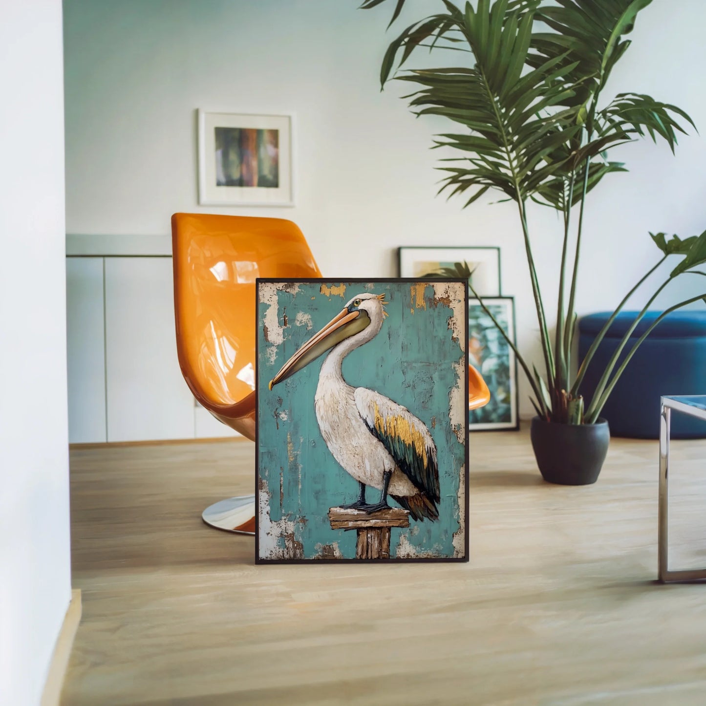 Coastal Bird Weathered Pelican on Dock Post in room