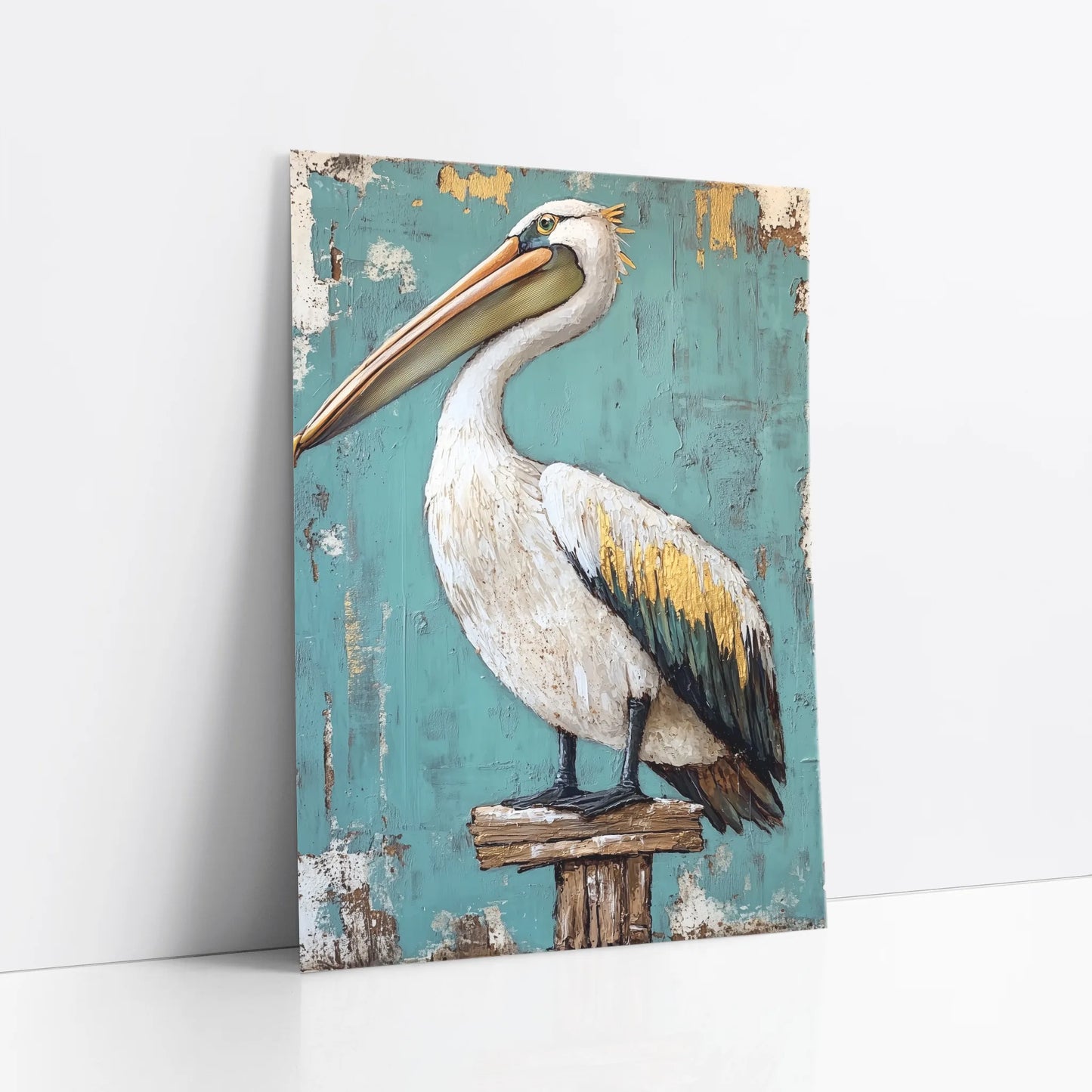Coastal Bird Weathered Pelican on Dock Post art print