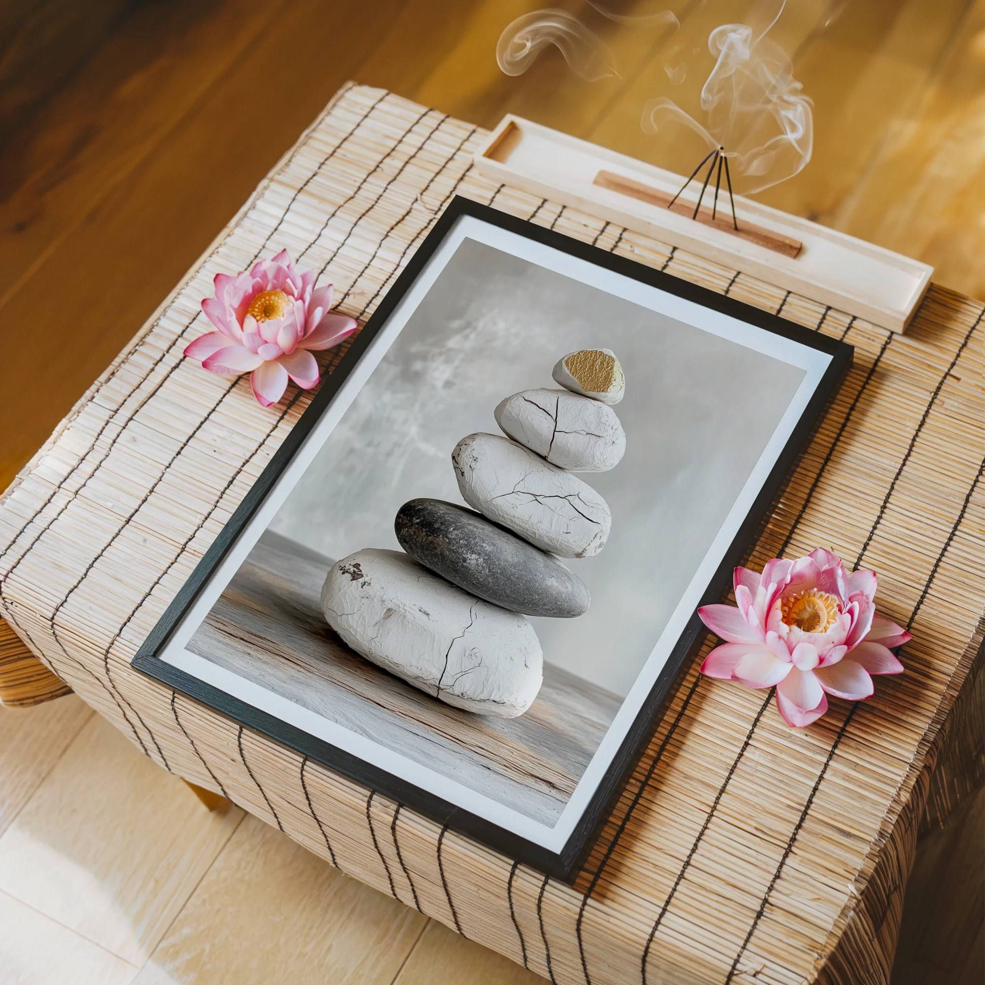 Zen Stone Stack Cracked Texture Japandi in room