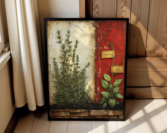 Mediterranean Herb Garden Ancient Villa Fresco Canvas Wall Art — Cottage style canvas showcasing weathered courtyard greenery for rustic home styling