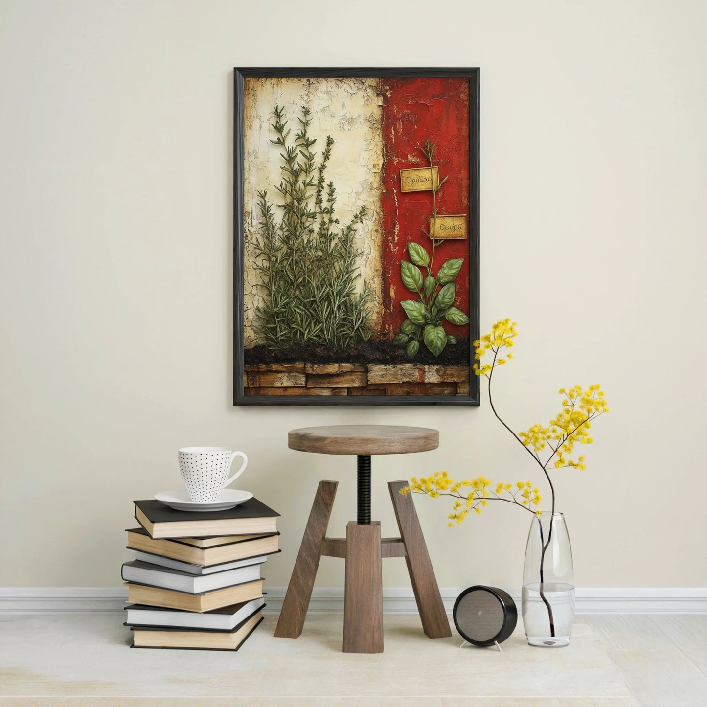 Mediterranean Herb Garden Ancient Villa Fresco Canvas Wall Art — Earthy brown and cream canvas with textured stone wall finish for warm home decorating