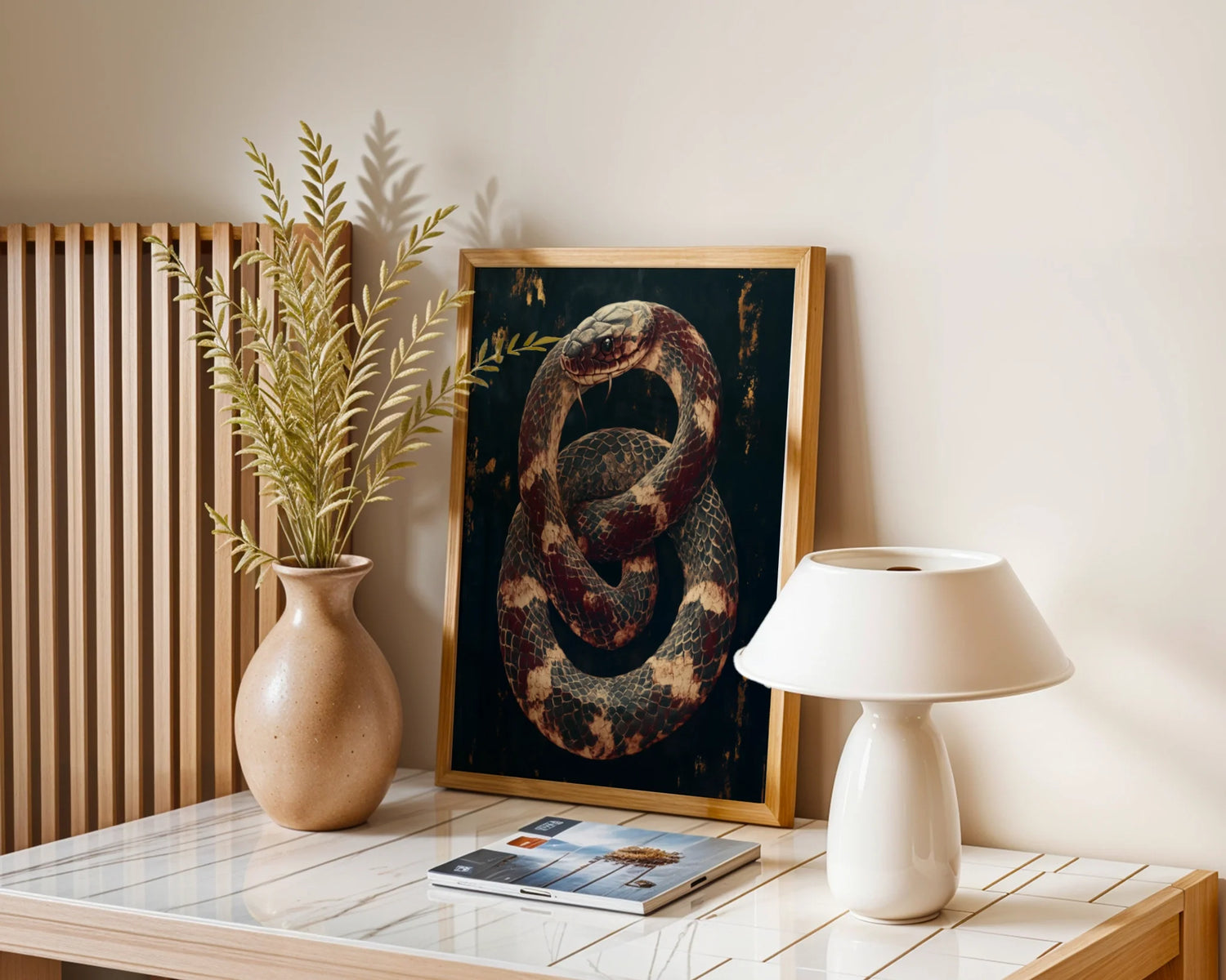 Bronze Serpent Canvas Dark Academia Coiled Snake Wall Art — Scholarly serpent artwork displayed in vintage-inspired interior with leather furnishings and warm lighting