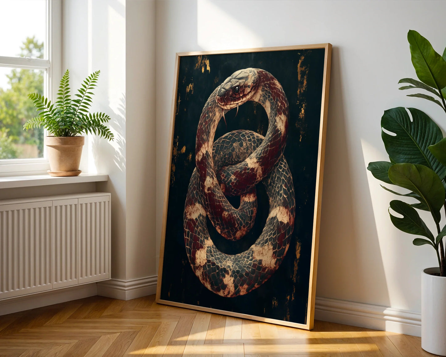 Bronze Serpent Canvas Dark Academia Coiled Snake Wall Art — Rugged snake art piece mounted in den setting with worn leather chair and whiskey bottle details