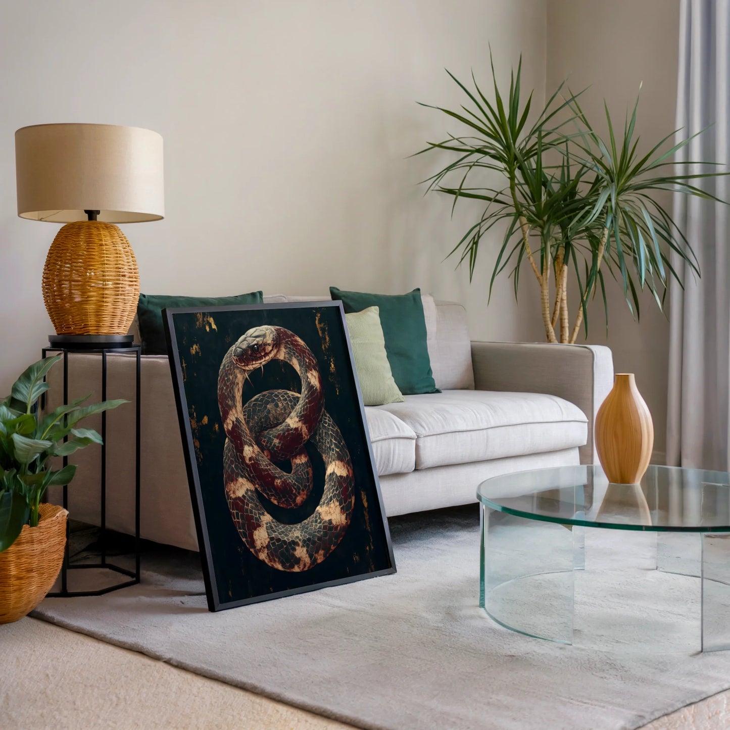 Bronze Serpent Canvas Dark Academia Coiled Snake Wall Art — Bold serpent illustration featured in theatrical room design with vintage books and copper elements