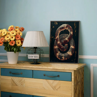 Bronze Serpent Canvas Dark Academia Coiled Snake Wall Art — Rust-colored snake canvas with textured scales displayed against cream walls in sophisticated interior