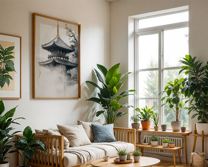Japanese Temple Art Misty Pagoda Japandi Canvas Wall Art — Scandinavian inspired artwork showcasing fading shrine in vapor for contemporary interior styling
