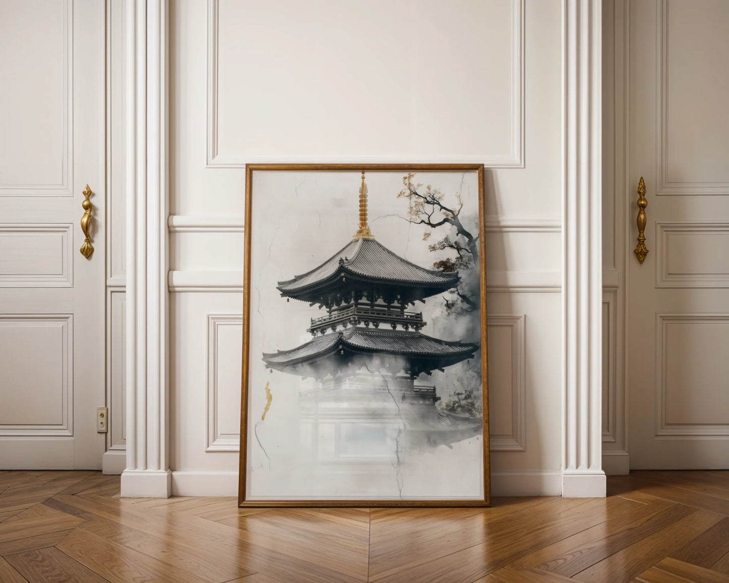 Japanese Temple Art Misty Pagoda Japandi Canvas Wall Art — Minimalist home accent featuring dissolving sanctuary emerging from clouds in neutral tones