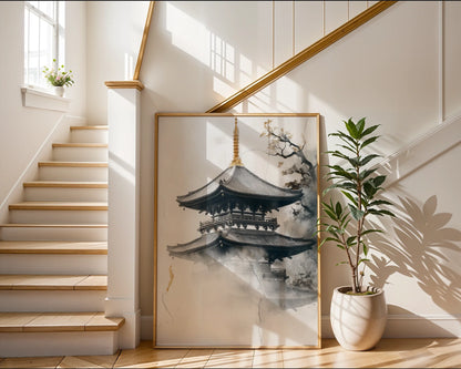 Japanese Temple Art Misty Pagoda Japandi Canvas Wall Art — Oriental influenced decor showing ancient structure melting into atmospheric mist design