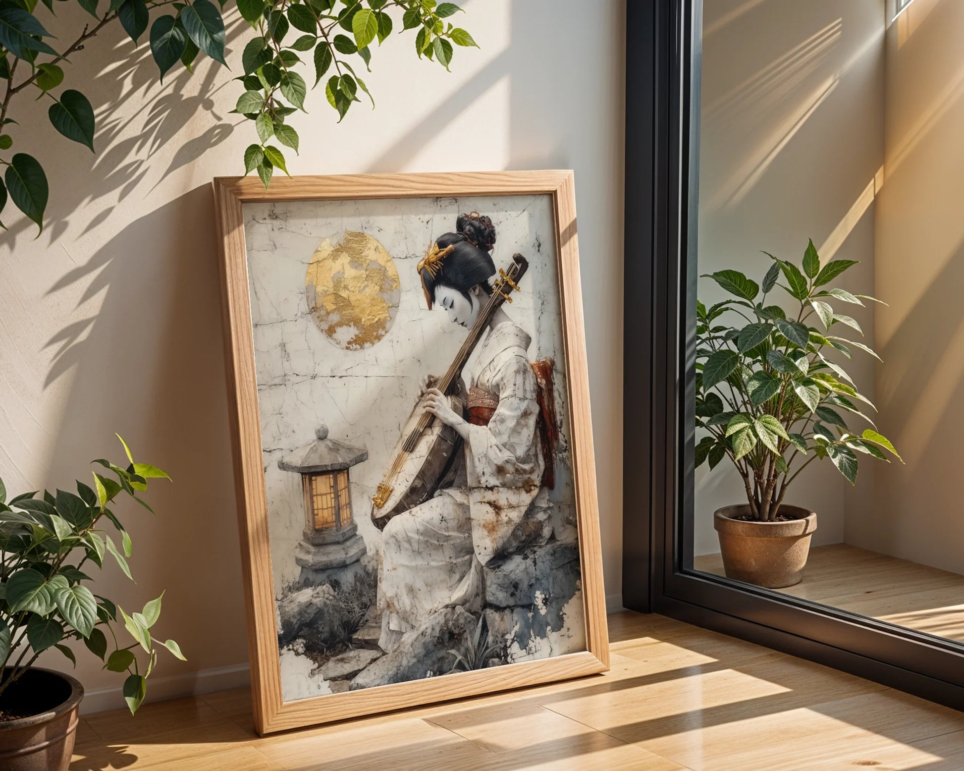 Japanese Geisha Musician Amber Moon Japandi Canvas Wall Art — Modern Japandi canvas showcasing contemplative figure with stringed instrument for contemporary interiors