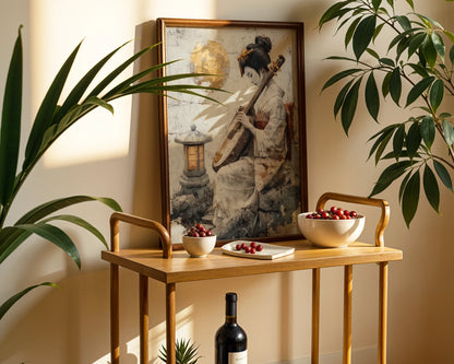 Japanese Geisha Musician Amber Moon Japandi Canvas Wall Art — Zen-inspired artwork featuring serene performer holding traditional instrument in peaceful meditation pose
