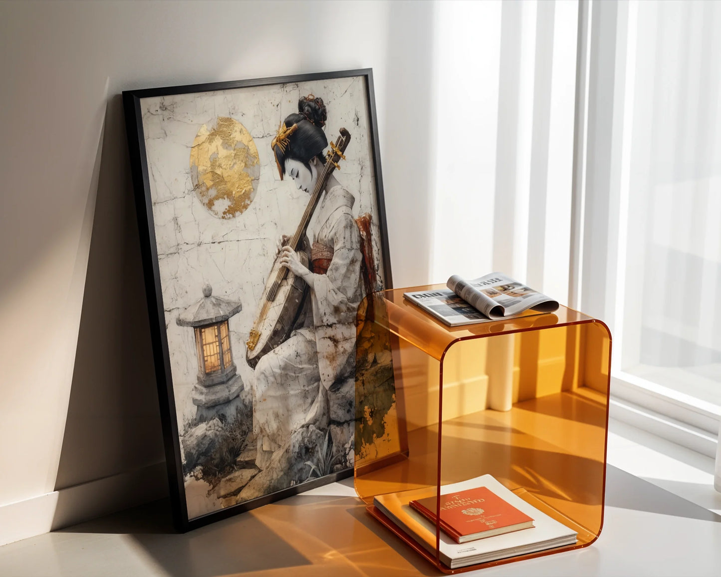 Japanese Geisha Musician Amber Moon Japandi Canvas Wall Art — Minimalist canvas depicting quiet musician surrounded by gentle moonbeams for clean aesthetic spaces