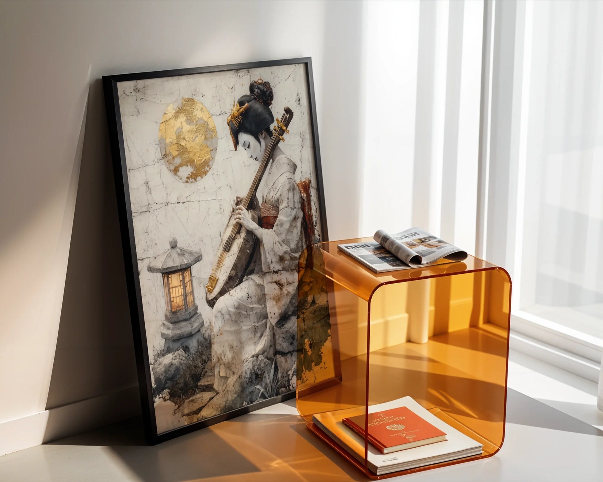 Japanese Geisha Musician Amber Moon Japandi Canvas Wall Art — Minimalist canvas depicting quiet musician surrounded by gentle moonbeams for clean aesthetic spaces