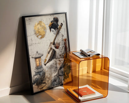 Japanese Geisha Musician Amber Moon Japandi Canvas Wall Art — Minimalist canvas depicting quiet musician surrounded by gentle moonbeams for clean aesthetic spaces