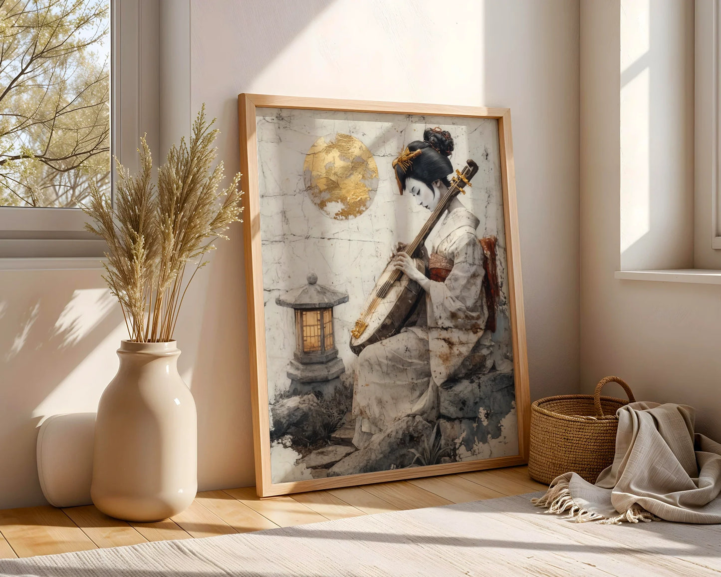 Japanese Geisha Musician Amber Moon Japandi Canvas Wall Art — Scandinavian-Japanese style print showing tranquil artist absorbed in melodic performance moment