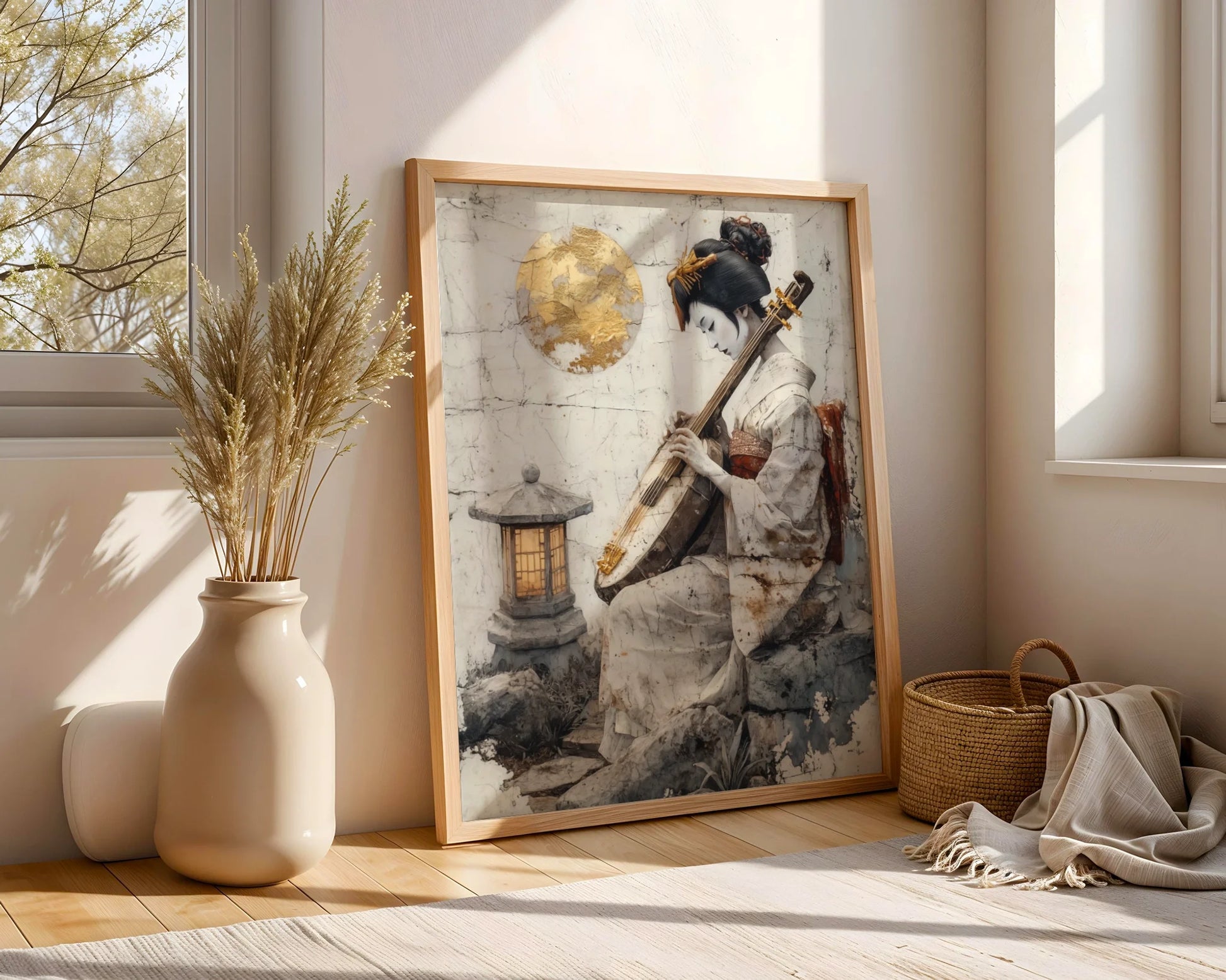 Japanese Geisha Musician Amber Moon Japandi Canvas Wall Art — Scandinavian-Japanese style print showing tranquil artist absorbed in melodic performance moment