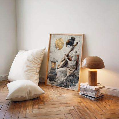 Japanese Geisha Musician Amber Moon Japandi in room